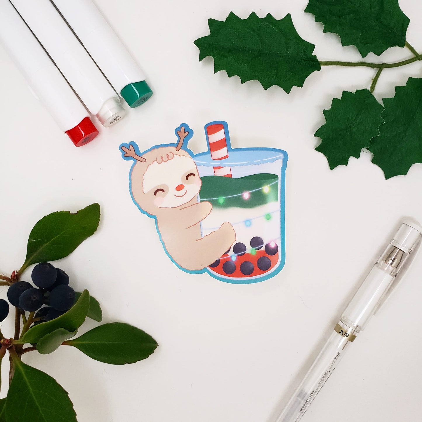 Christmas Boba Sloth Vinyl Sticker