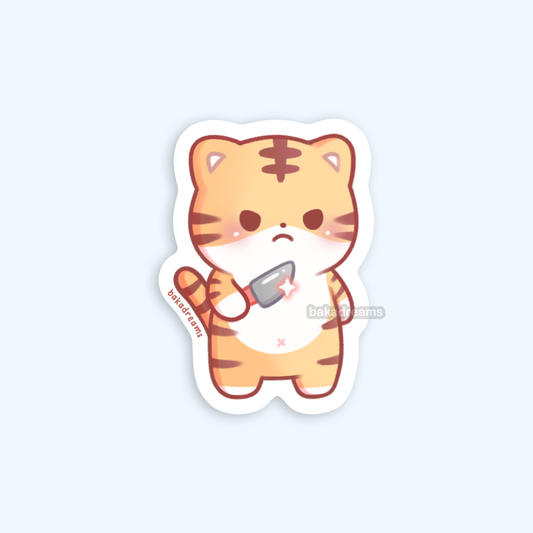 cute tiger holding knife sticker