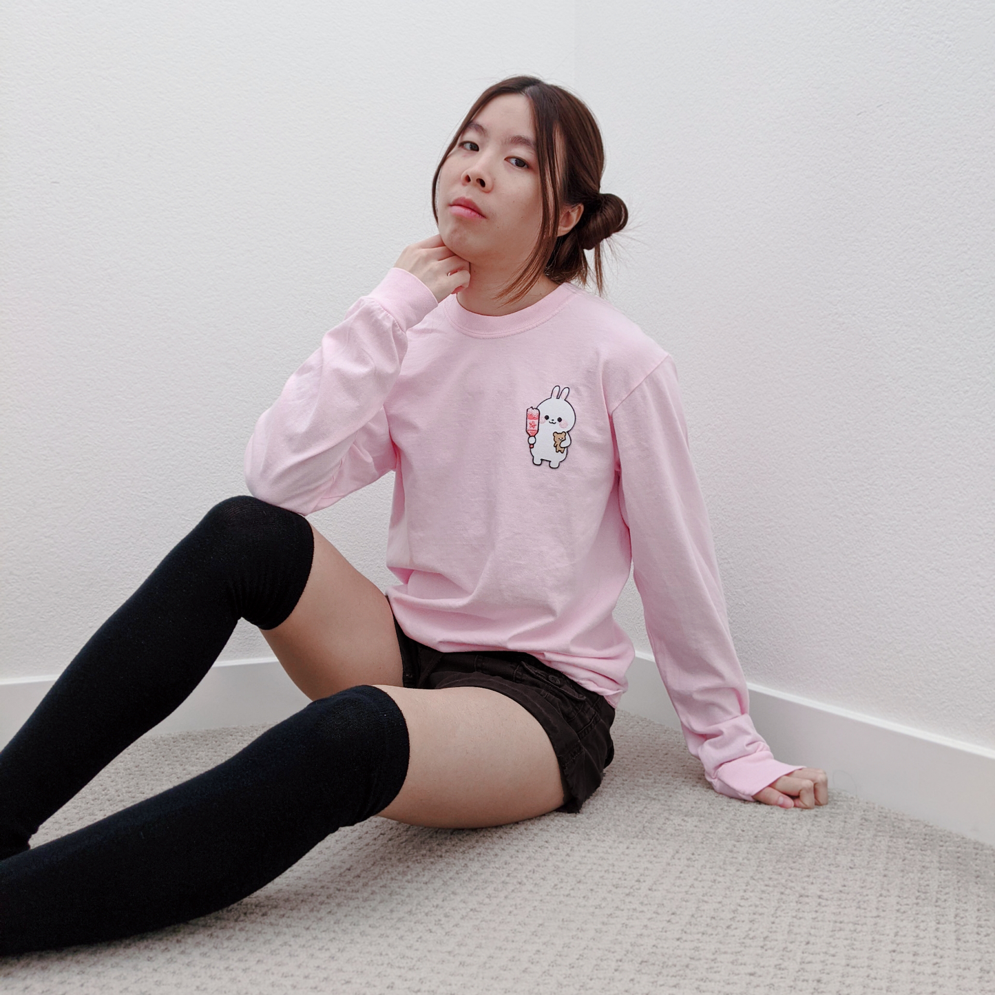 cute bunny embroidered pink long sleeve shirt