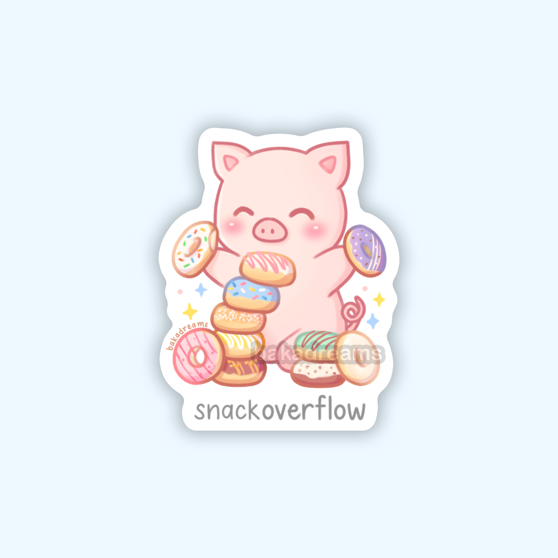 stack overflow parody sticker with text snack overflow, pig with stacks of donuts